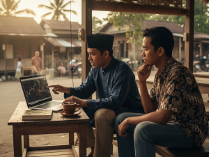 Seorang santri muda berdiskusi tentang teori harga dan keseimbangan di warung kopi sambil melihat grafik di laptop