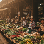 Petani dan pedagang di pasar tradisional Indonesia sedang berinteraksi menjual hasil panen sebagai ilustrasi struktur pasar ekonomi mikro.