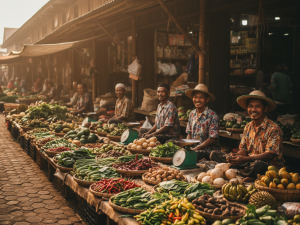 Petani dan pedagang di pasar tradisional Indonesia sedang berinteraksi menjual hasil panen sebagai ilustrasi struktur pasar ekonomi mikro.