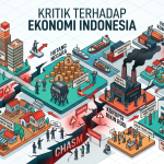Ilustrasi isometrik yang menggambarkan berbagai tantangan ekonomi di Indonesia, seperti ketimpangan sosial, beban utang negara, masalah korupsi, dan pengangguran, yang dipisahkan oleh jurang pemisah (chasm) antara sektor kaya dan miskin.