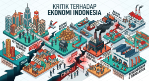 Ilustrasi isometrik yang menggambarkan berbagai tantangan ekonomi di Indonesia, seperti ketimpangan sosial, beban utang negara, masalah korupsi, dan pengangguran, yang dipisahkan oleh jurang pemisah (chasm) antara sektor kaya dan miskin.