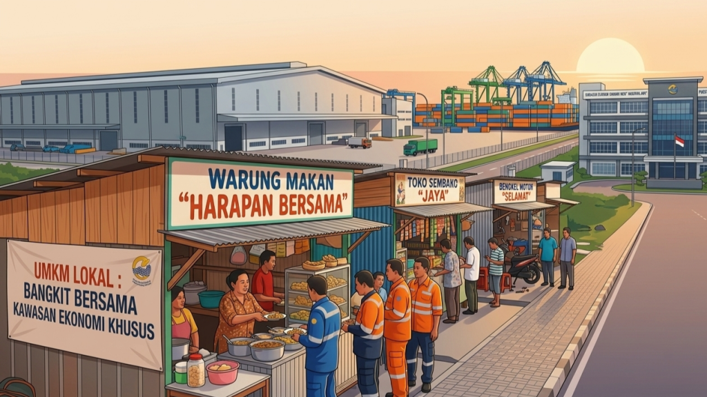 Ilustrasi dampak pembangunan zona ekonomi terhadap UMKM lokal, menampilkan warung makan dan toko kecil yang melayani pekerja di samping kawasan industri dan pelabuhan modern.
