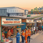 Ilustrasi dampak pembangunan zona ekonomi terhadap UMKM lokal, menampilkan warung makan dan toko kecil yang melayani pekerja di samping kawasan industri dan pelabuhan modern.
