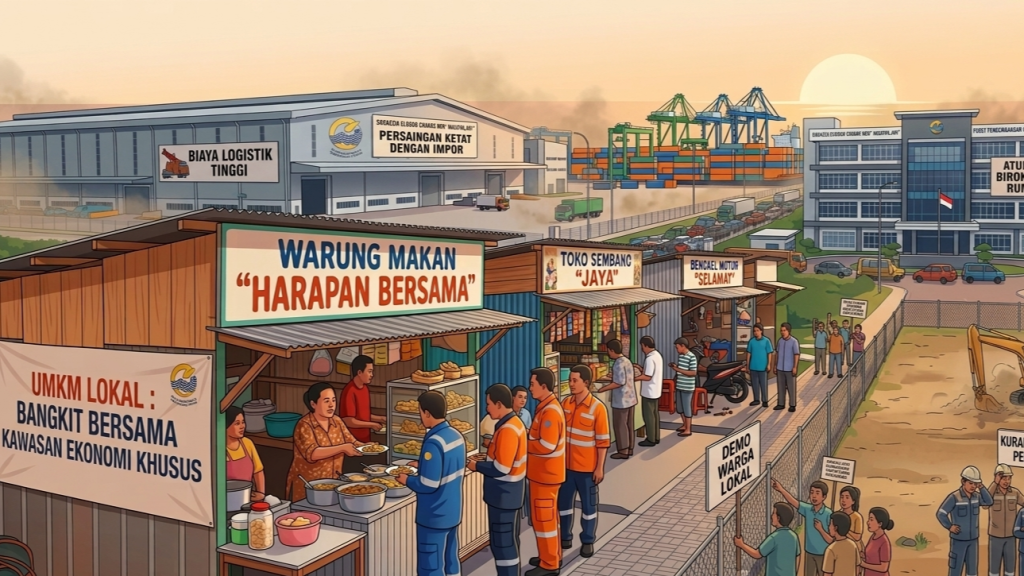 Ilustrasi kritik dan tantangan pembangunan Kawasan Ekonomi Khusus di Indonesia, menampilkan kompleksitas birokrasi, masalah logistik, dan kesenjangan fasilitas infrastruktur dalam gaya desain isometrik.