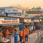 Ilustrasi kritik dan tantangan pembangunan Kawasan Ekonomi Khusus di Indonesia, menampilkan kompleksitas birokrasi, masalah logistik, dan kesenjangan fasilitas infrastruktur dalam gaya desain isometrik.