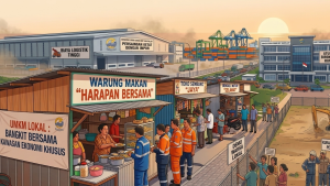 Ilustrasi kritik dan tantangan pembangunan Kawasan Ekonomi Khusus di Indonesia, menampilkan kompleksitas birokrasi, masalah logistik, dan kesenjangan fasilitas infrastruktur dalam gaya desain isometrik.