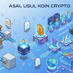 Infografis isometrik yang menunjukkan sejarah koin crypto dari sistem barter, mata uang klasik, hingga Bitcoin genesis block dan ekosistem blockchain modern.