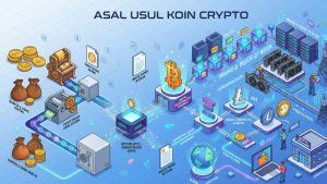 Infografis isometrik yang menunjukkan sejarah koin crypto dari sistem barter, mata uang klasik, hingga Bitcoin genesis block dan ekosistem blockchain modern.