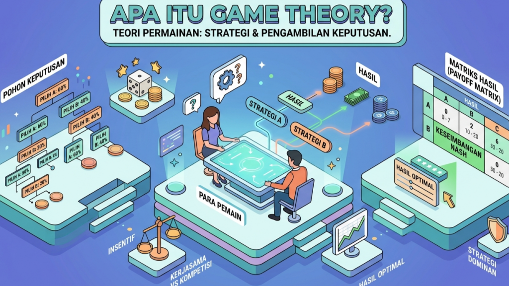 Ilustrasi desain isometrik yang menjelaskan konsep Game Theory, menampilkan dua orang yang sedang berstrategi di meja digital dengan diagram pohon keputusan, matriks hasil, dan elemen ekonomi.