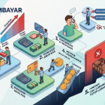 Infografis desain isometrik yang menunjukkan 5 langkah cara membayar hutang: inventarisasi, evaluasi arus kas, negosiasi, metode pembayaran, dan menghindari gali lubang tutup lubang.