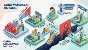 Infografis desain isometrik yang menunjukkan 5 langkah cara membayar hutang: inventarisasi, evaluasi arus kas, negosiasi, metode pembayaran, dan menghindari gali lubang tutup lubang.