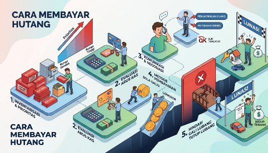 Infografis desain isometrik yang menunjukkan 5 langkah cara membayar hutang: inventarisasi, evaluasi arus kas, negosiasi, metode pembayaran, dan menghindari gali lubang tutup lubang.