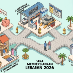 Infografis isometrik yang merinci 5 pilar persiapan Lebaran 2026: Manajemen Keuangan, Persiapan Mudik, Logistik Rumah Tangga, Strategi Digital & Konten, serta Persiapan Spiritual.
