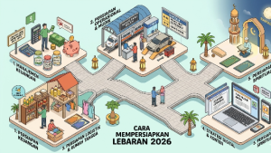 Infografis isometrik yang merinci 5 pilar persiapan Lebaran 2026: Manajemen Keuangan, Persiapan Mudik, Logistik Rumah Tangga, Strategi Digital & Konten, serta Persiapan Spiritual.