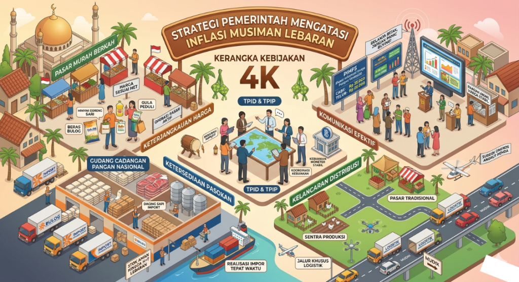 Infografis desain isometrik yang menggambarkan strategi 4K pemerintah Indonesia (Keterjangkauan Harga, Ketersediaan Pasokan, Kelancaran Distribusi, Komunikasi Efektif) dalam mengatasi inflasi musiman saat Lebaran