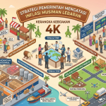 Infografis desain isometrik yang menggambarkan strategi 4K pemerintah Indonesia (Keterjangkauan Harga, Ketersediaan Pasokan, Kelancaran Distribusi, Komunikasi Efektif) dalam mengatasi inflasi musiman saat Lebaran
