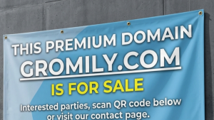 Banner pengumuman penjualan domain premium gromily.com dengan latar belakang gedung perkantoran modern.