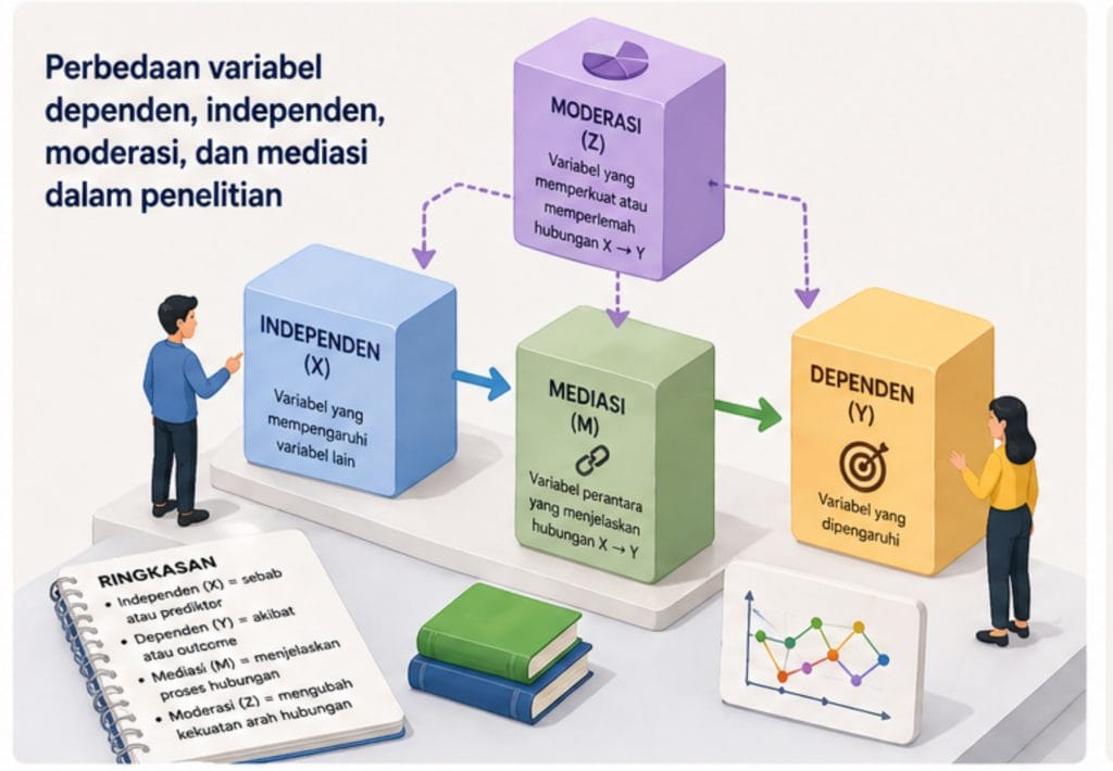 Perbedaan variabel dependen, independen, moderasi, dan mediasi dalam penelitian