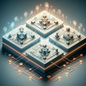 A detailed, clean isometric infographic illustration divided into four distinct quadrant platforms, all connected by glowing data lines and interconnected gears, set against a soft, gradient background.