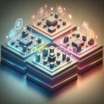 A detailed, clean isometric infographic illustration divided into four distinct quadrant platforms, all connected by glowing data lines and interconnected gears, set against a soft, gradient background.