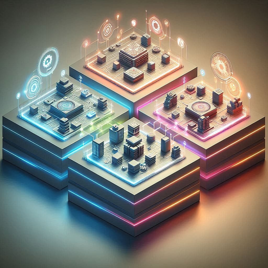 A detailed, clean isometric infographic illustration divided into four distinct quadrant platforms, all connected by glowing data lines and interconnected gears, set against a soft, gradient background.