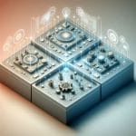 A detailed, clean isometric infographic illustration divided into four distinct quadrant platforms, all connected by glowing data lines and interconnected gears, set against a soft, gradient background.