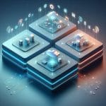 A detailed, clean isometric infographic illustration divided into four distinct quadrant platforms, all connected by glowing data lines and interconnected gears, set against a soft, gradient background.