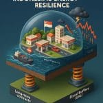 A high-quality 3D isometric infographic titled "Indonesia's Energy Resilience". The image features a multi-layered cross-section of a landscape. Top Layer: A transparent glass dome protecting a peaceful Indonesian city and gas stations (Pertamina) with stable prices, while outside the dome, there is a stormy sea with a blocked Strait of Hormuz and rising red stock charts. Middle Layer: Mechanical shock absorbers labeled "Long-term Contracts" and "Fiscal Buffers (SAL)" damping the external shocks. Bottom Layer: An underground section showing abundant coal mines and renewable energy (geothermal and solar) powering the city. Base Foundation: Cracks in the current foundation with labels "Subsidy Transformation" and "Refinery Optimization" as the permanent solution for the future. Clean flat vector style, professional corporate colors (teal, navy, and gold accents), sharp details, 8k resolution.