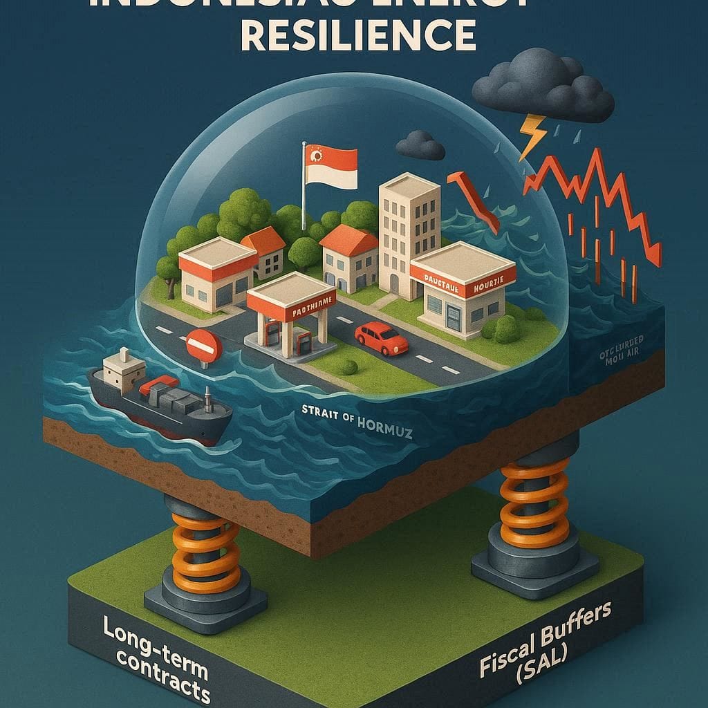 A high-quality 3D isometric infographic titled "Indonesia's Energy Resilience". The image features a multi-layered cross-section of a landscape. Top Layer: A transparent glass dome protecting a peaceful Indonesian city and gas stations (Pertamina) with stable prices, while outside the dome, there is a stormy sea with a blocked Strait of Hormuz and rising red stock charts. Middle Layer: Mechanical shock absorbers labeled "Long-term Contracts" and "Fiscal Buffers (SAL)" damping the external shocks. Bottom Layer: An underground section showing abundant coal mines and renewable energy (geothermal and solar) powering the city. Base Foundation: Cracks in the current foundation with labels "Subsidy Transformation" and "Refinery Optimization" as the permanent solution for the future. Clean flat vector style, professional corporate colors (teal, navy, and gold accents), sharp details, 8k resolution.