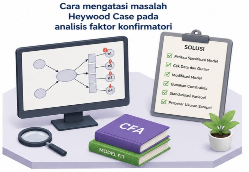 Cara mengatasi masalah Heywood Case pada analisis faktor konfirmatori.