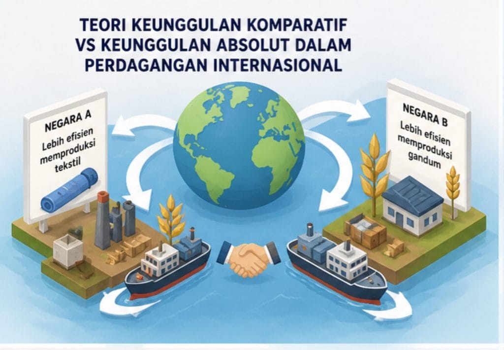 Teori keunggulan komparatif vs keunggulan absolut dalam perdagangan internasional.