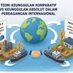Teori keunggulan komparatif vs keunggulan absolut dalam perdagangan internasional.