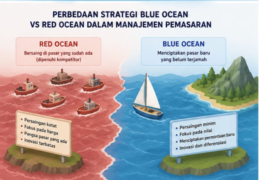 Perbedaan strategi Blue Ocean vs Red Ocean dalam manajemen pemasaran.