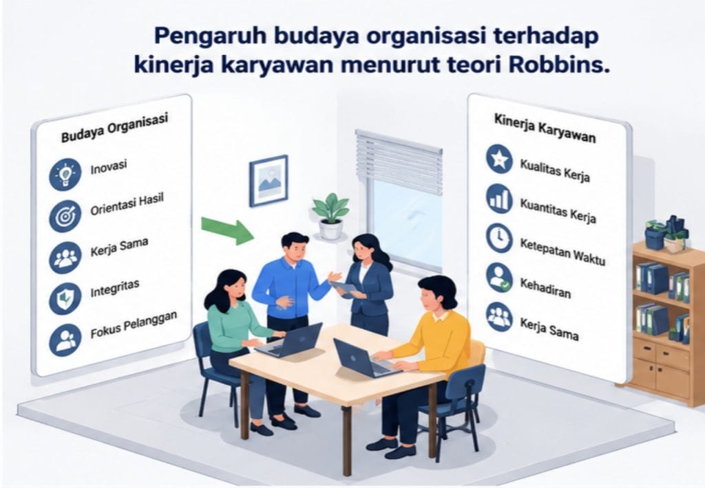 Pengaruh budaya organisasi terhadap kinerja karyawan menurut teori Robbins.