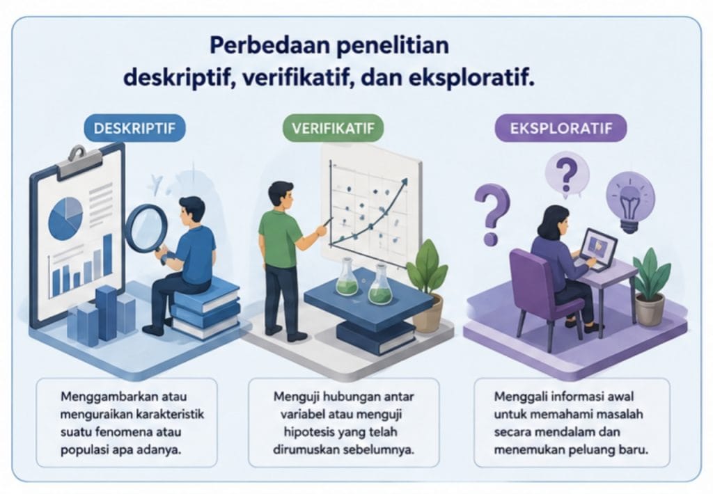 Perbedaan penelitian deskriptif, verifikatif, dan eksploratif