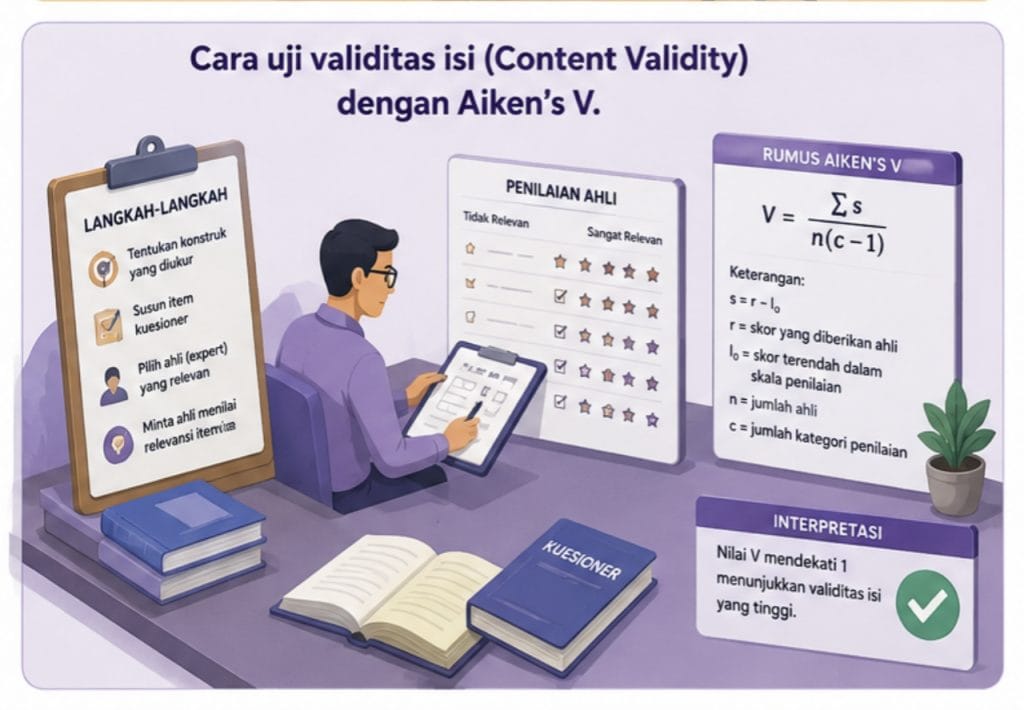 Cara uji validitas isi (Content Validity) dengan Aiken’s V.
